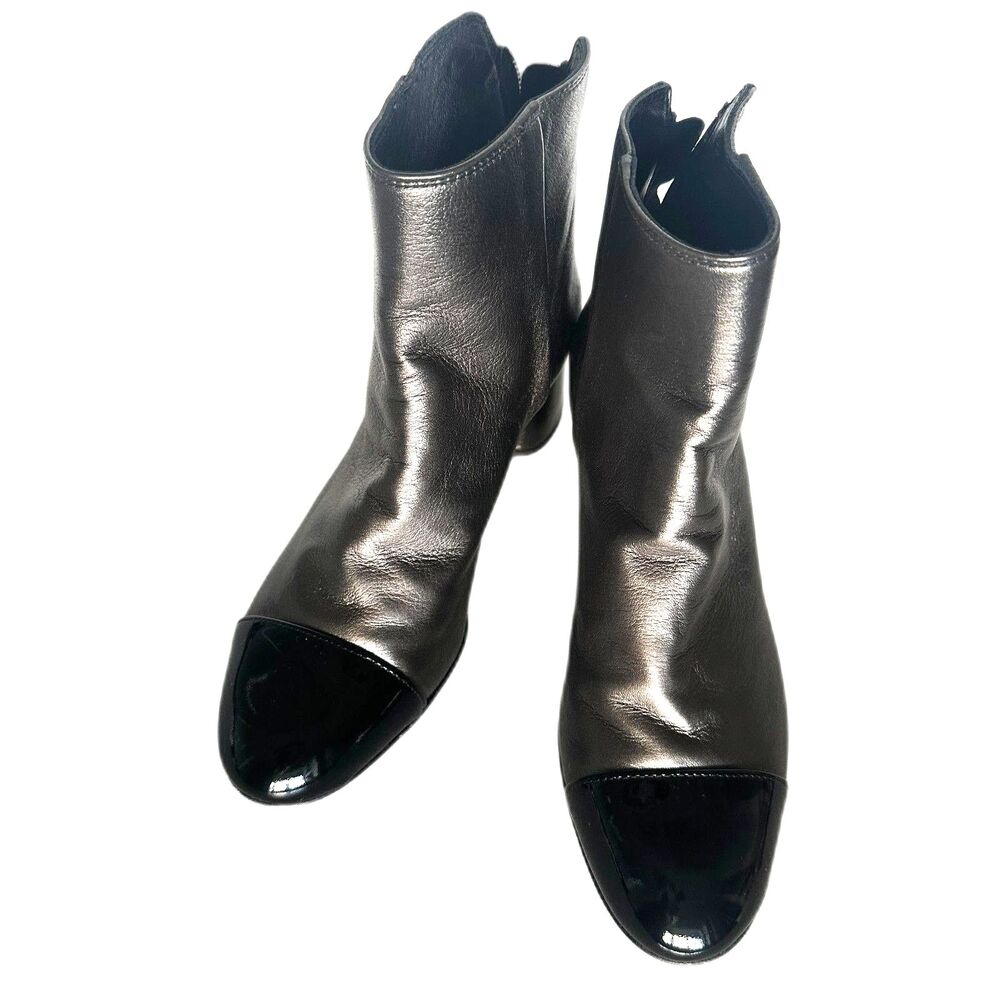 AGL Silver Metallic Leather Ankle Boots with Glossy Cap Toe  US 6.5-7  $695